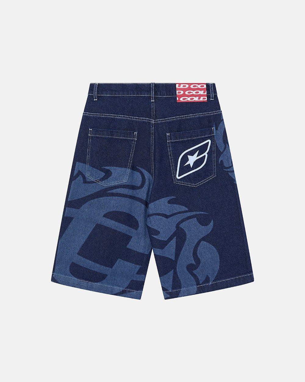 Cold Culture Laser Denim Blue Jorts (2) a pair of blue shorts with a white logo